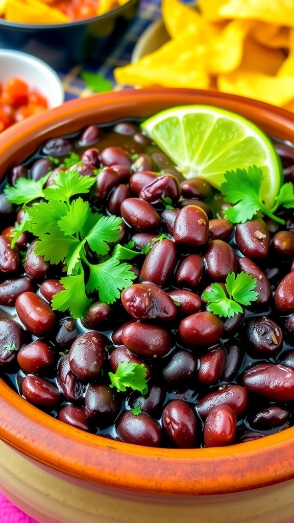 A bowl of seasoned black beans garnished with cilantro and lime, with tortilla chips and salsa in the background.
